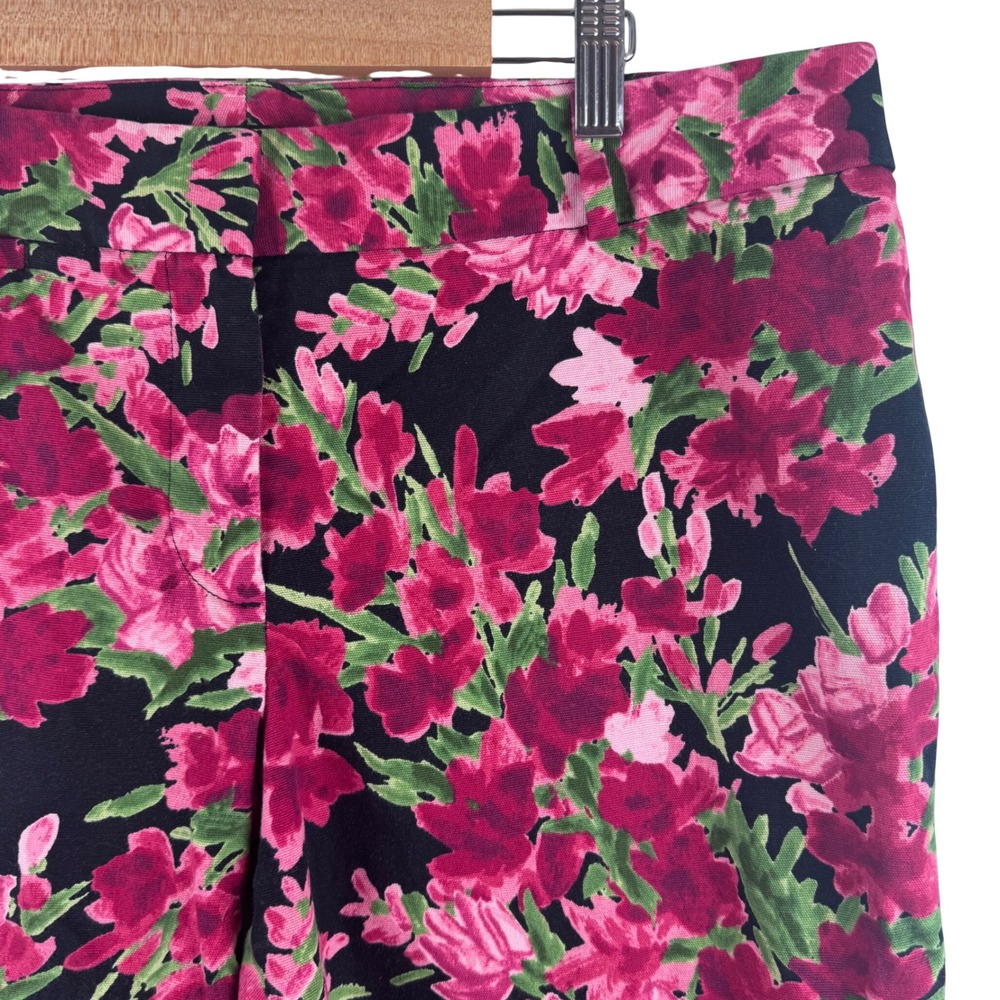 Talbots Signature Ankle Pants Womens 12P Black Pink Green Floral Straight Crop